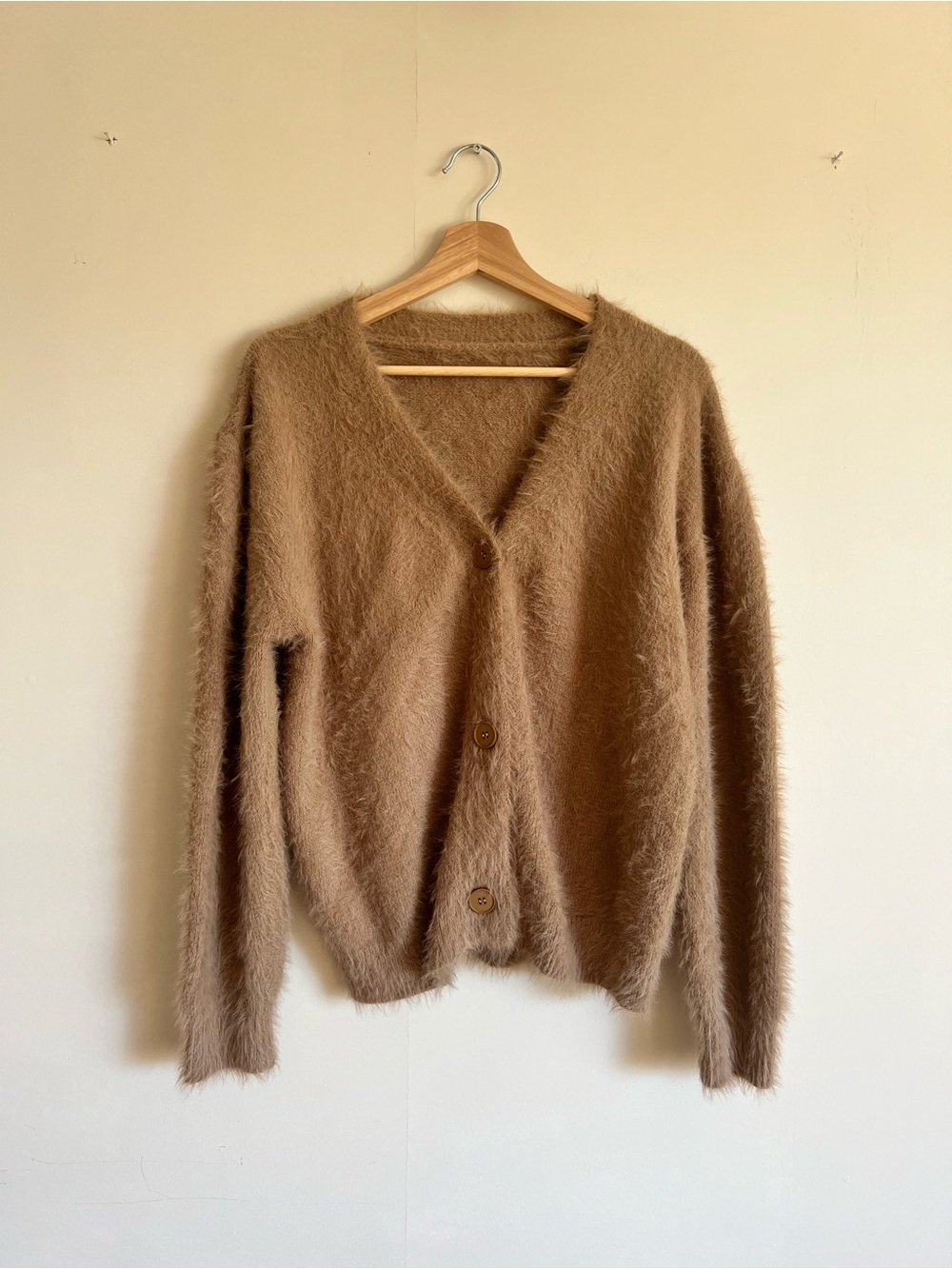 Cozy Fuzzy V‑Neck Button Cardigan - Camel - Large